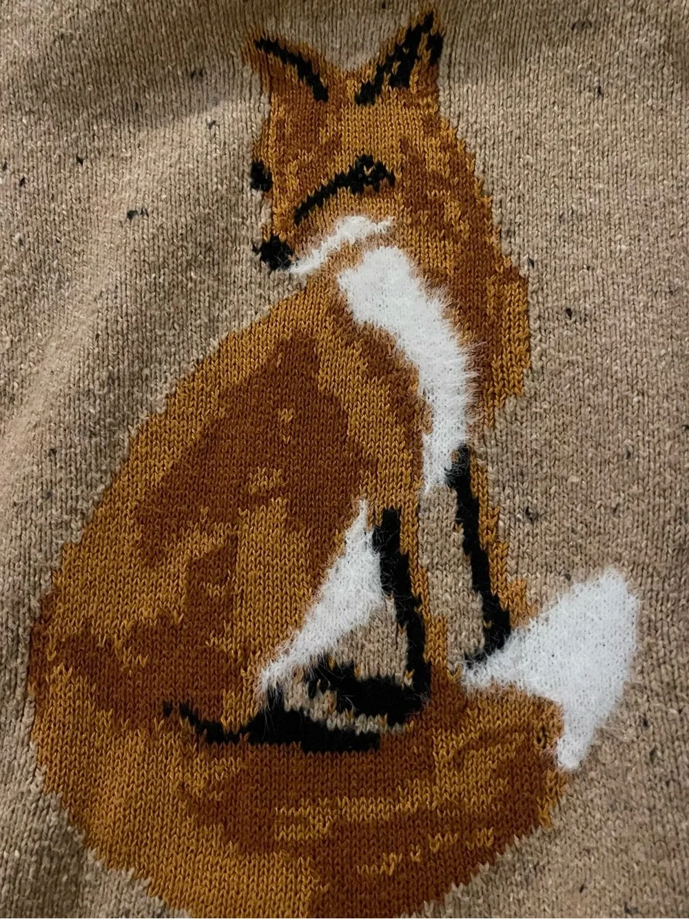 Karen Scott Beige Crewneck Sweater with Fox Intarsia